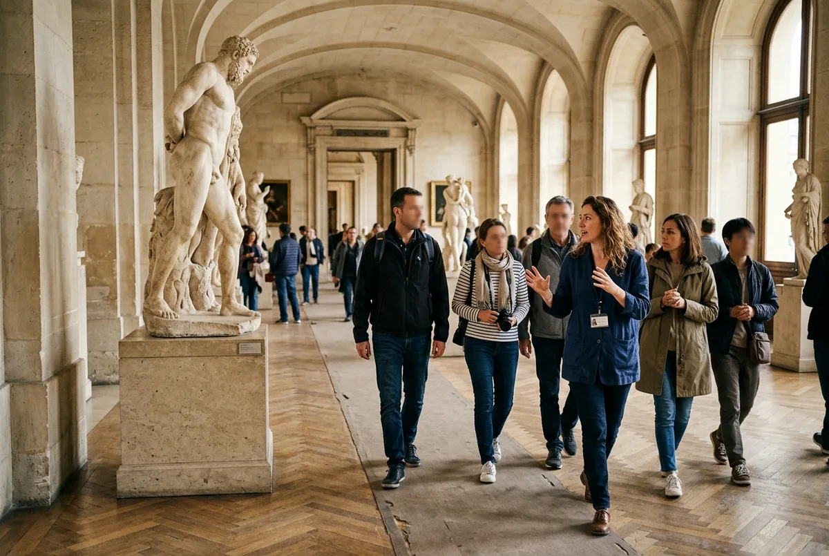 Small group of travelers following an english-speaking guide through a Louvre museum gallery past a marble sculpture