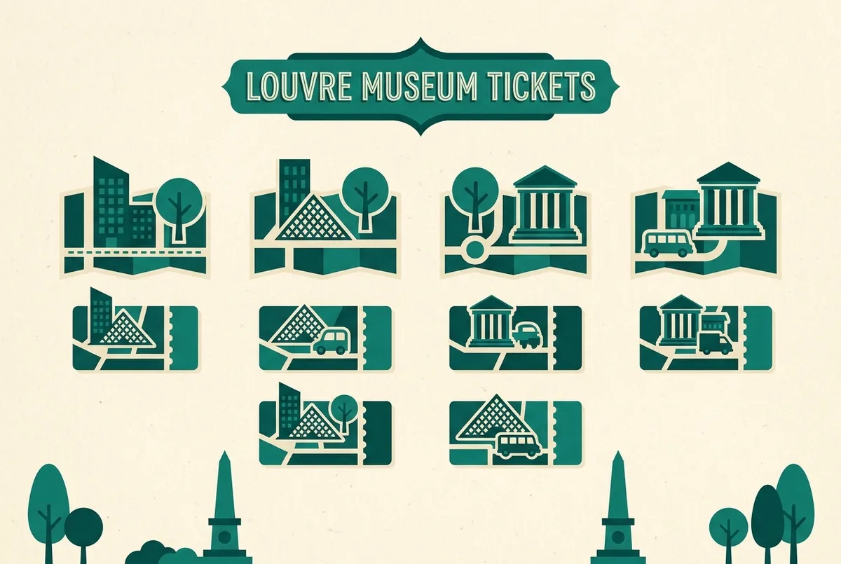 Simple comparison infographic showing icons for several Louvre ticket booking platforms side by side with generic labels only, no prices or statistics shown