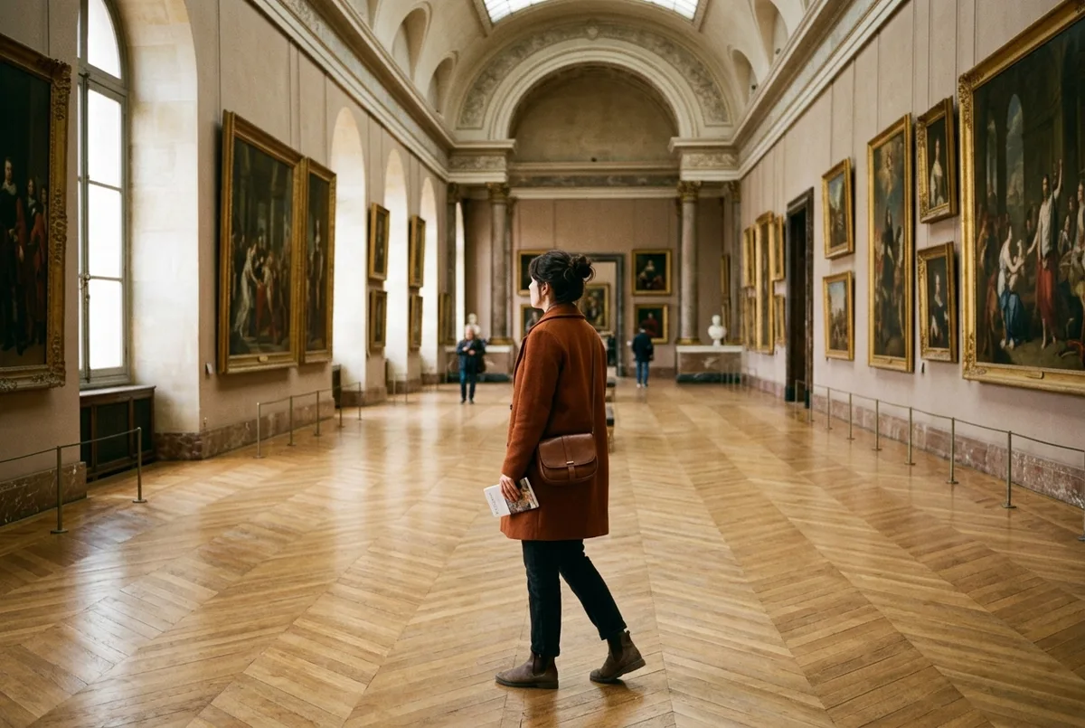 Traveler walking calmly through a quiet louvre museum gallery during an early weekday morning with soft natural light