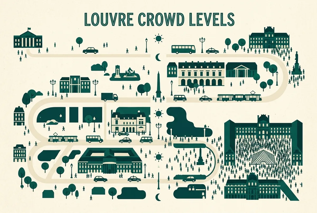 Infographic-style illustration ranking louvre museum crowd levels across a typical week from quietest late evening to busiest free sunday morning, generic time-of-day icons only, no numbers or statistics shown