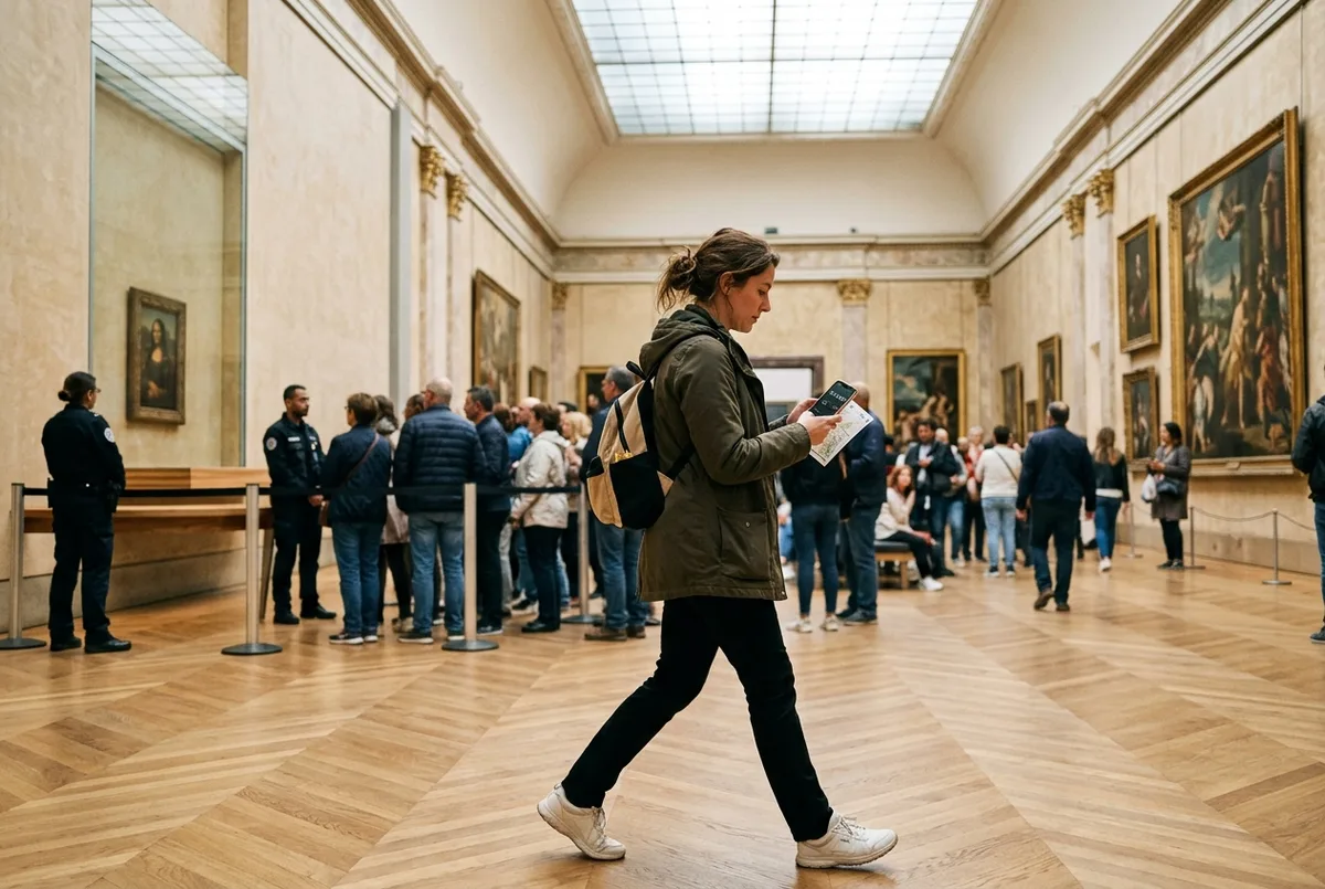 Ziyaretçi, louvre müzesi ne kadar sürede gezilir sorusuna cevap ararken galeri koridorunda saatine bakıyor
