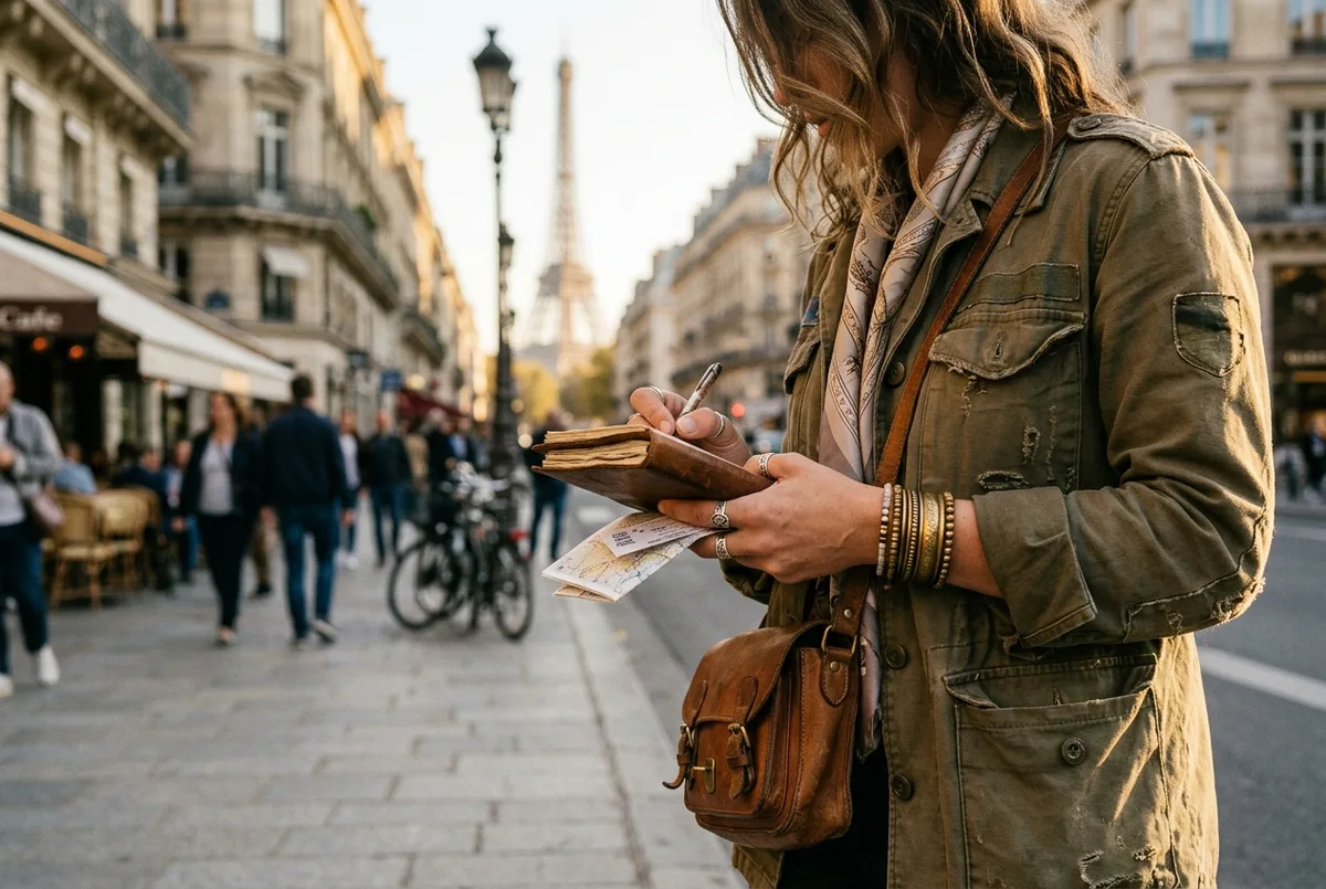 Närbild på en resenärs händer som bokar biljetter till louvren på en smartphone vid ett Parisiskt kafébord, en croissant och kaffekopp bredvid, varmt dagsljus
