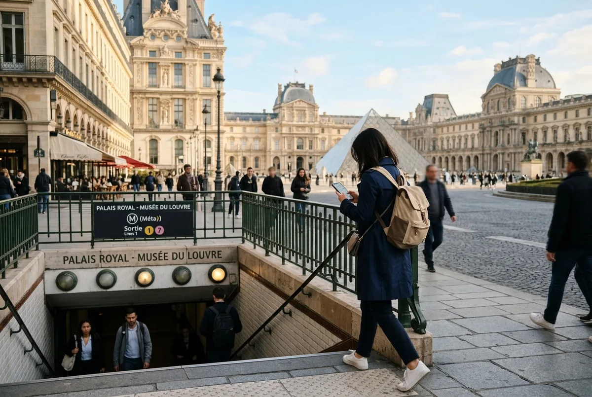 Rejsende orienterer sig ved et metrokort på stationen Palais-Royal - Musée du Louvre i morgenlys, på vej mod louvre for at finde den rette indgang
