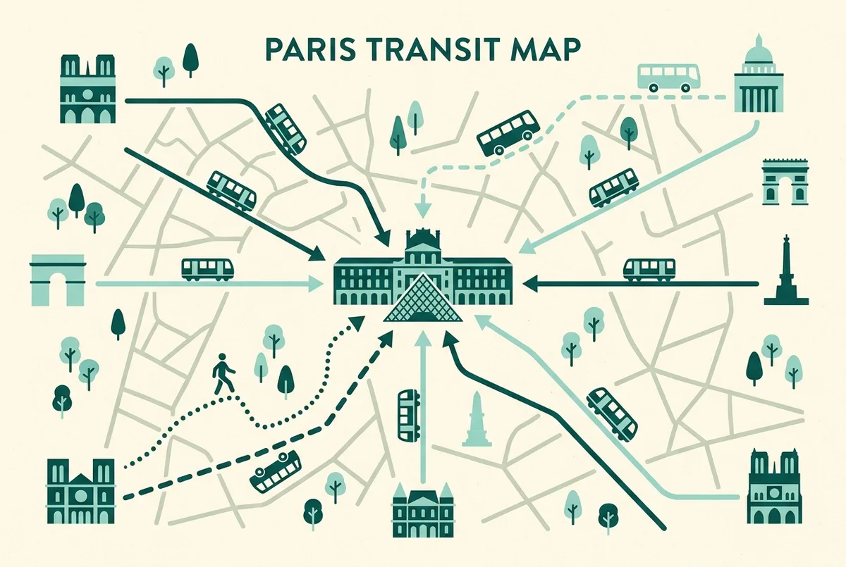 Infografik der viser ruten fra metrostationerne Palais-Royal og Louvre-Rivoli til louvre museum paris' pyramideindgang, med generiske ikoner for metro, bus og gående