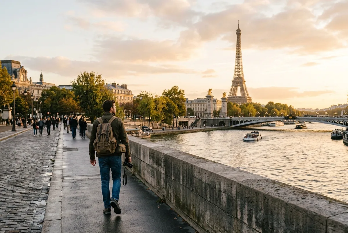 Voyageur tenant un billet pour le musée du Louvre et la tour Eiffel, silhouette de la tour visible au coucher du soleil depuis le pont des Arts