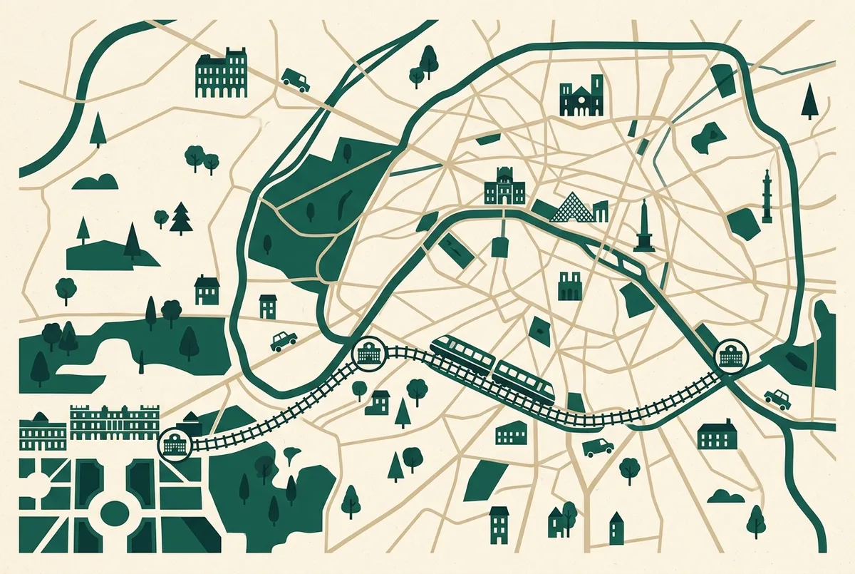 Carte infographique simplifiée montrant le trajet en train entre le musée du Louvre à Paris et le château de Versailles, icônes génériques de gare et de monument