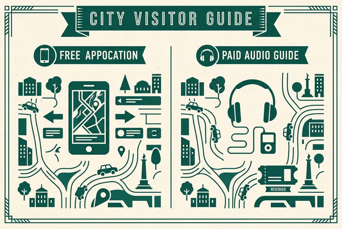 Simple comparison infographic contrasting the free louvre app and the paid audio guide ticket side by side as icons: phone app, headphones, reserved slot, generic labels only, no prices shown