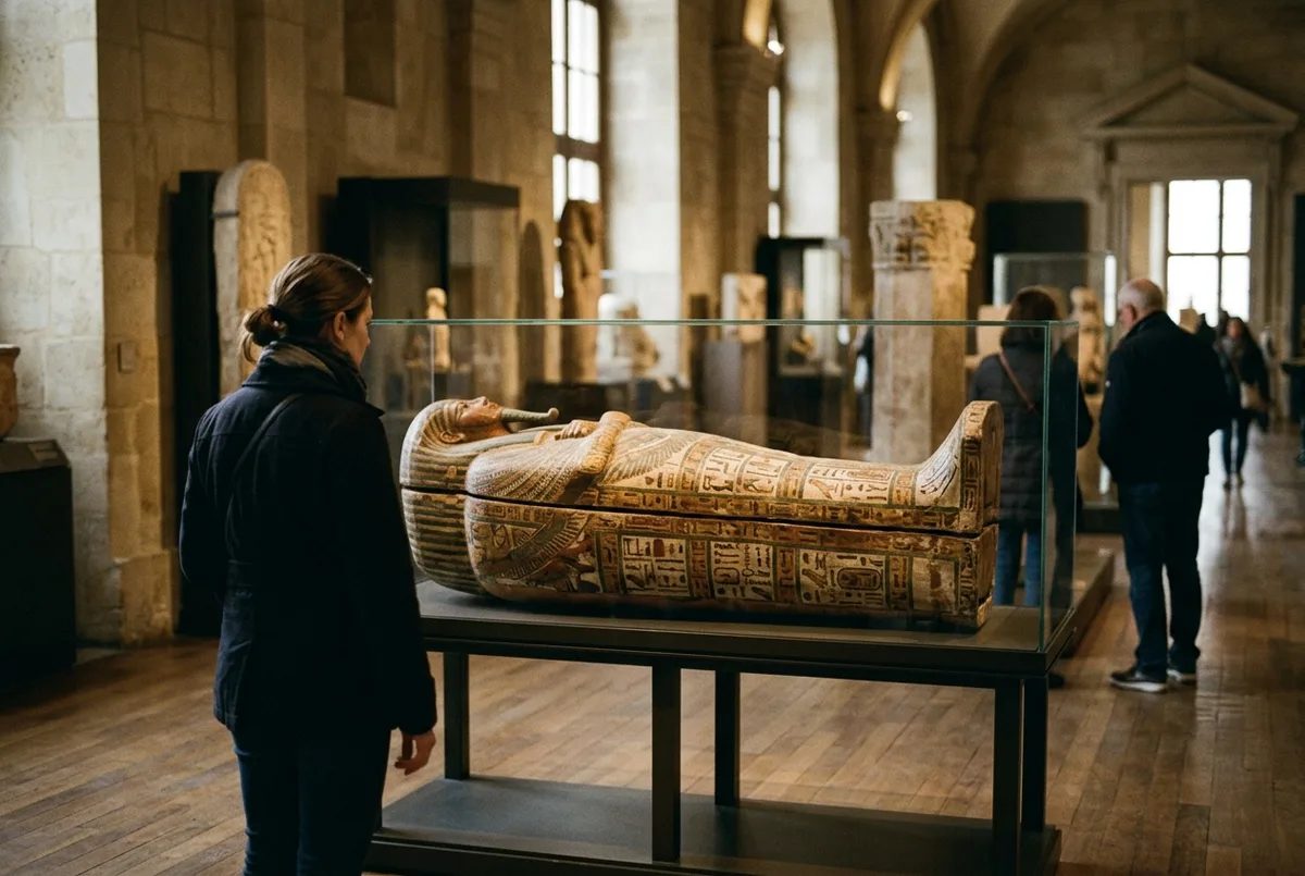 Visiteurs observant un sarcophage égyptien ancien dans une galerie du musée du Louvre, éclairage doux et contemplatif