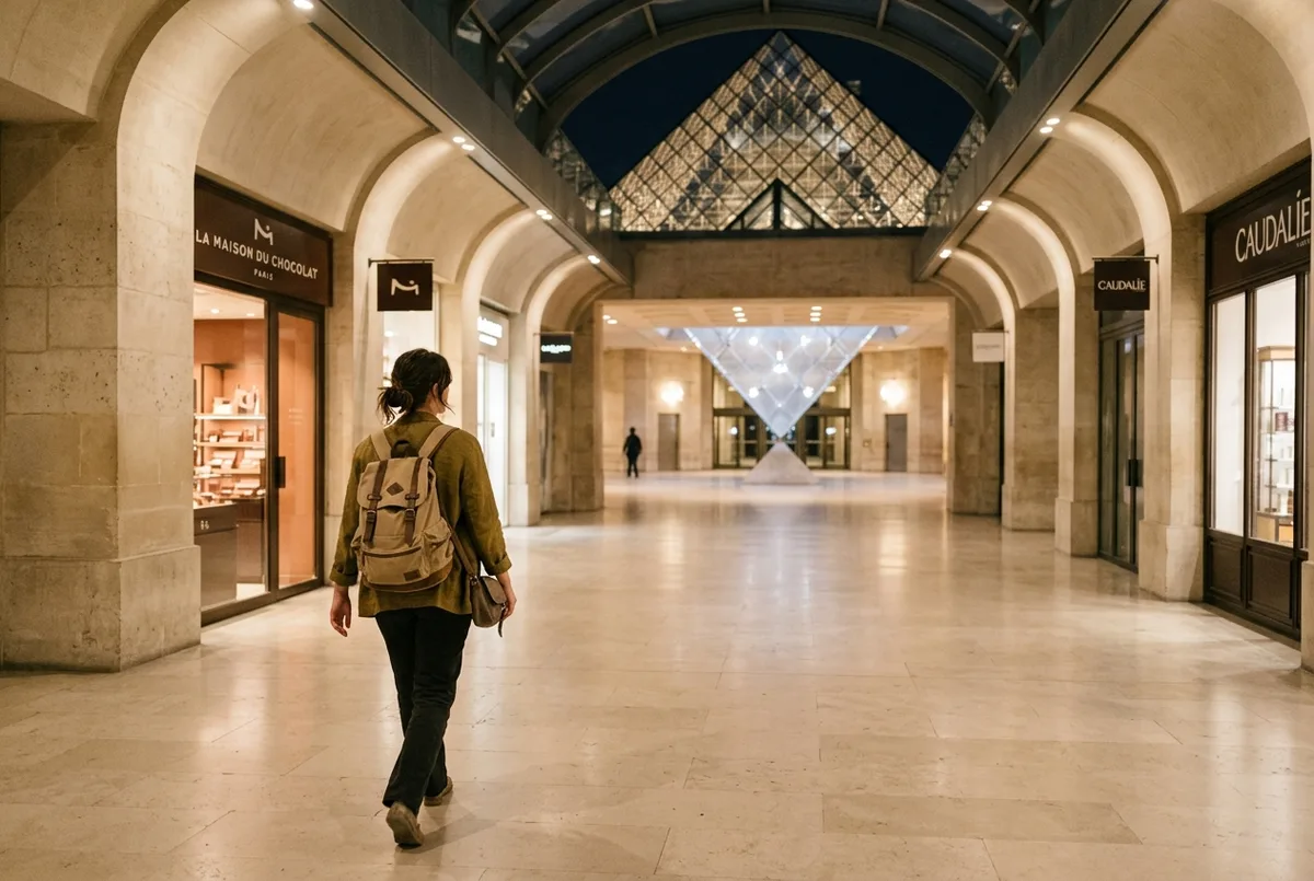 Traveler walking confidently through the quieter underground Carrousel du Louvre entrance to reach the louvre museum entrance, soft indoor lighting, no crowd