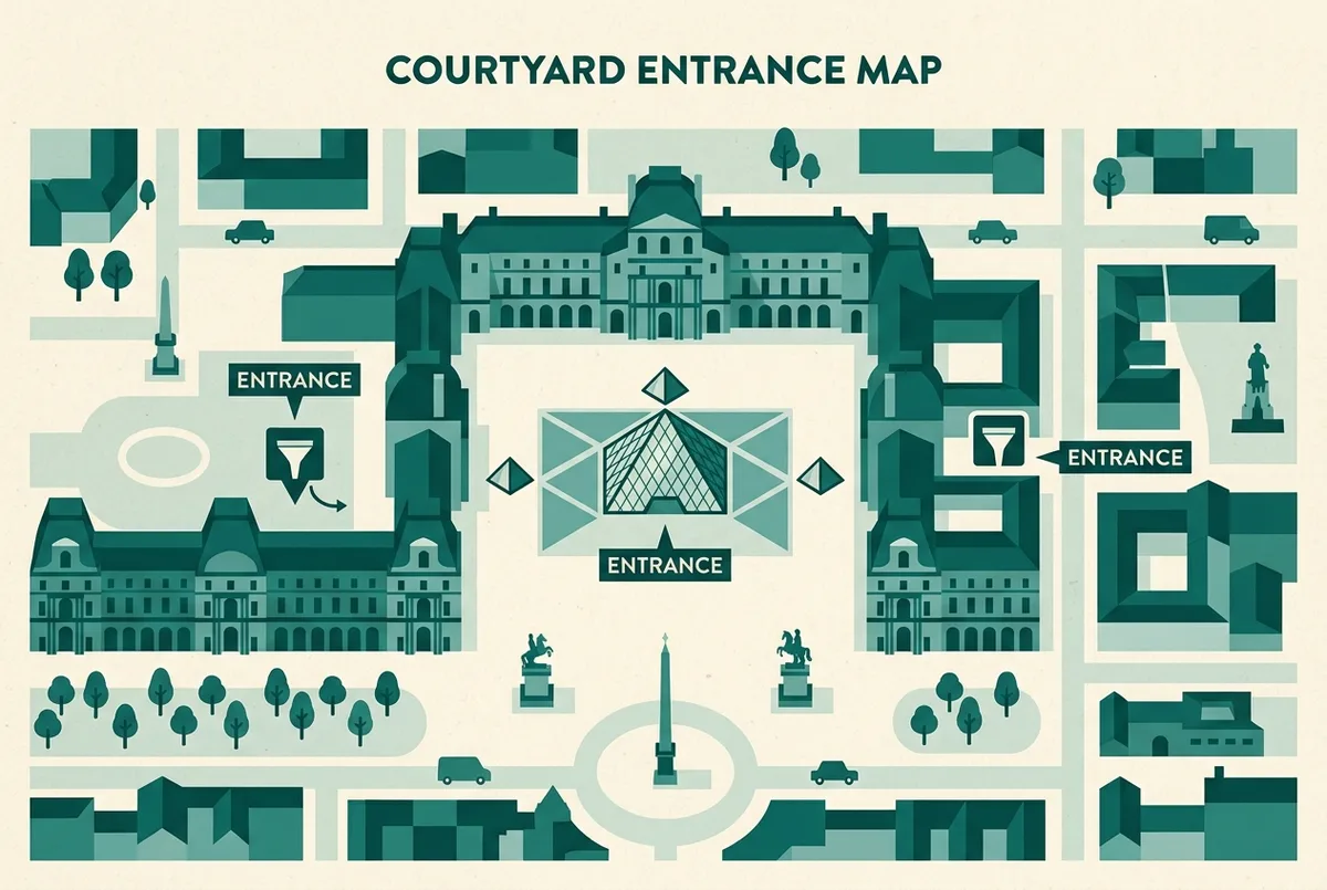Simple map-style infographic showing the Louvre courtyard with three labeled entrance points: the main pyramid entrance, the underground Carrousel du Louvre entrance, and the Passage Richelieu side entrance, generic labels only