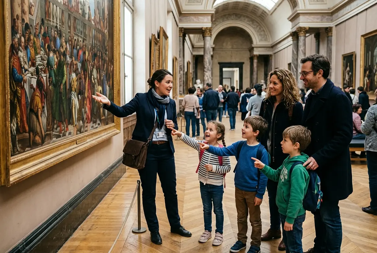 Guide using interactive storytelling with children and parents in front of a Louvre Museum painting, kids pointing and engaged, daytime gallery light