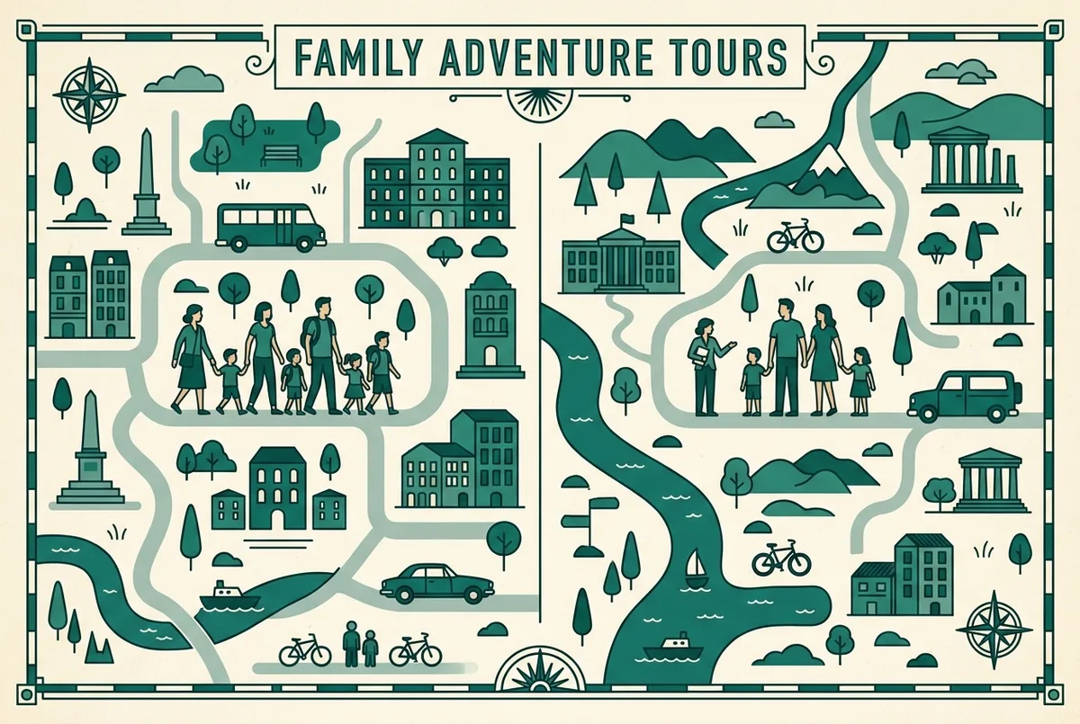 Simple infographic comparing a semi-private family tour and a fully private family tour by group size and recommended age range, generic icons only, no prices or statistics shown