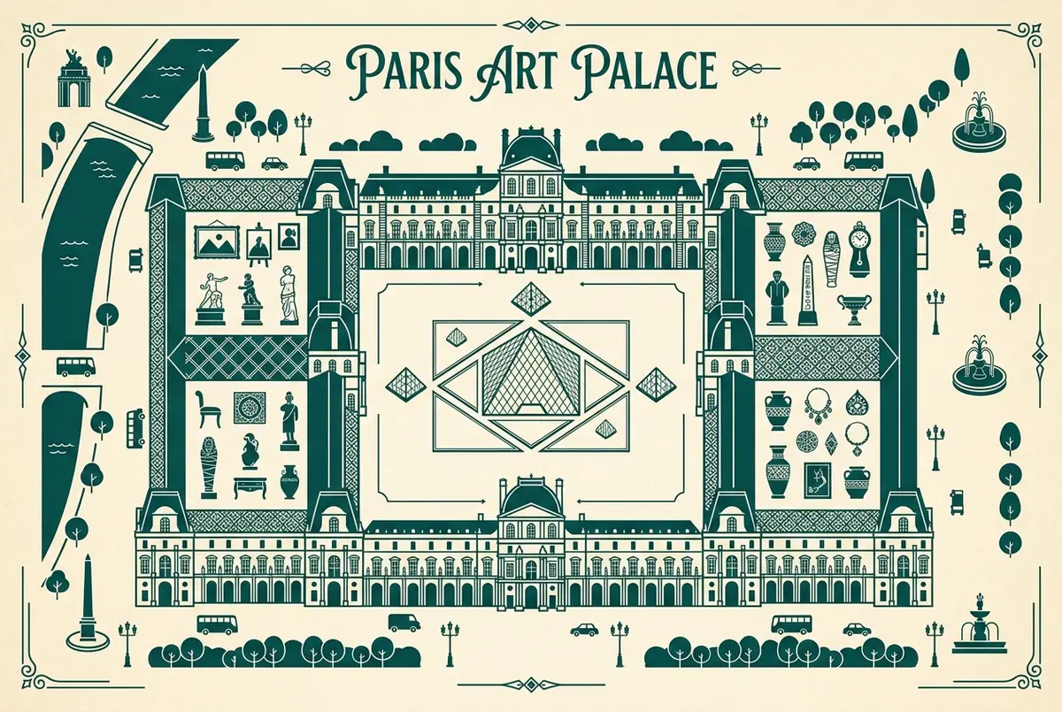 Infografik der viser louvre museum paris map opdelt i de tre fløje Sully, Richelieu og Denon omkring Cour Napoléon, med generiske ikoner for de store samlingstyper