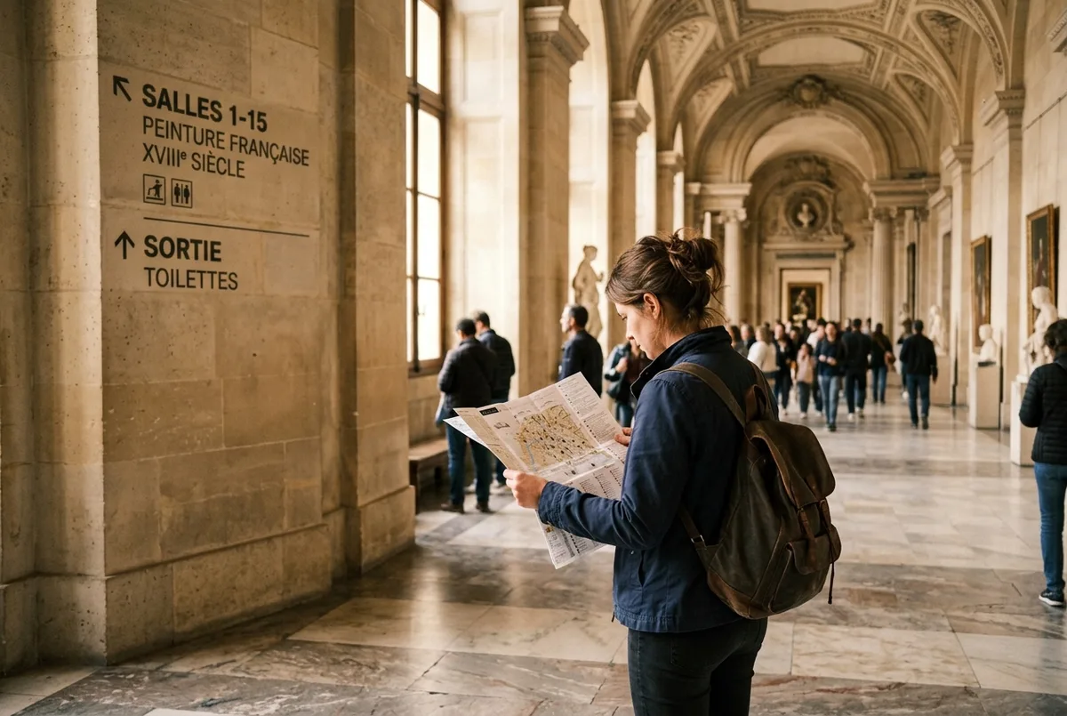 Visitante consultando un mapa en papel dentro de uno de los pasillos amplios de las salas del Museo del Louvre, con senalizacion visible en la pared