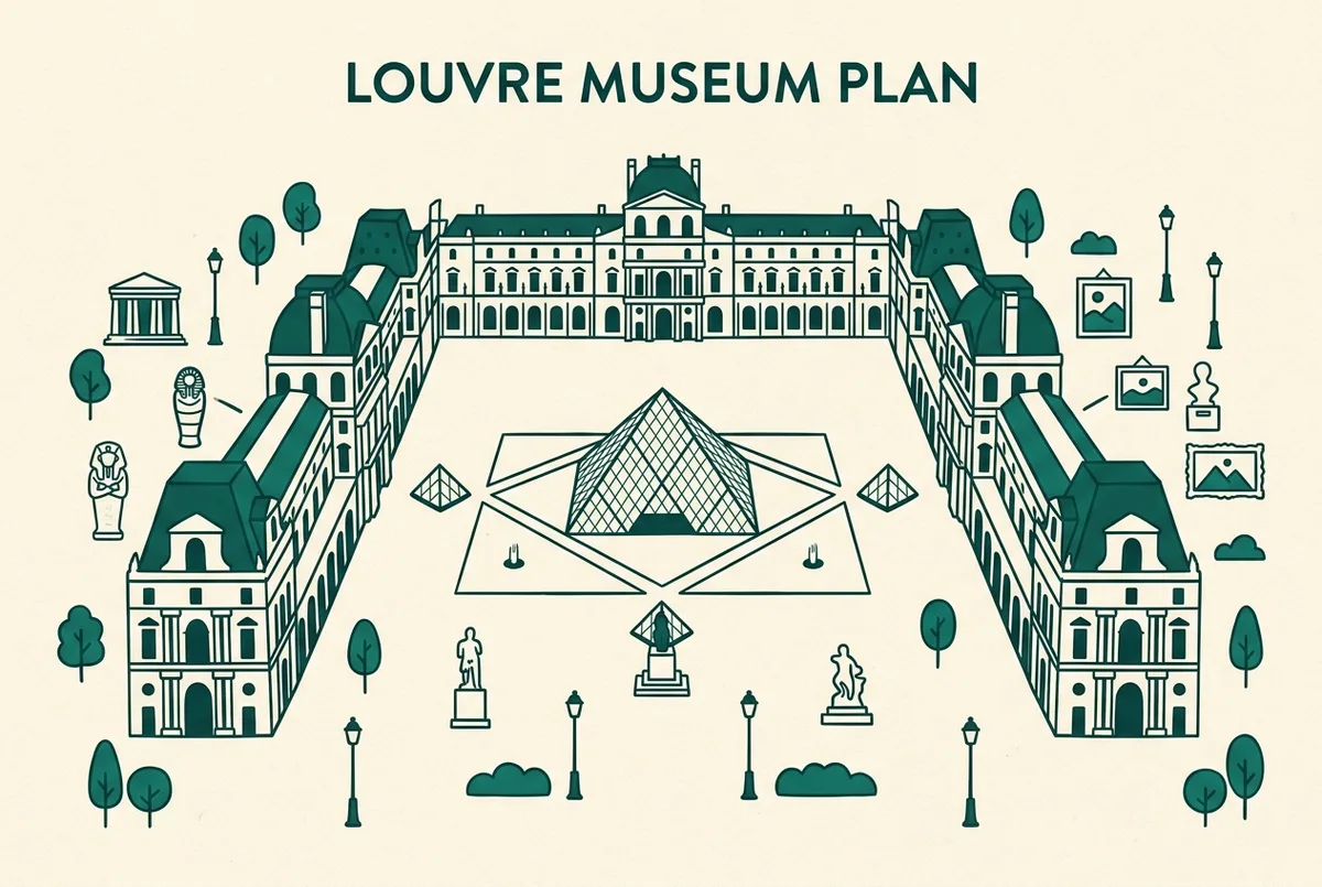 Infografia sencilla tipo mapa de planta mostrando las tres alas del Museo del Louvre, Denon, Sully y Richelieu, alrededor del patio Napoleon con la piramide, con iconos genericos de sala egipcia y galeria de arte sin texto de precios