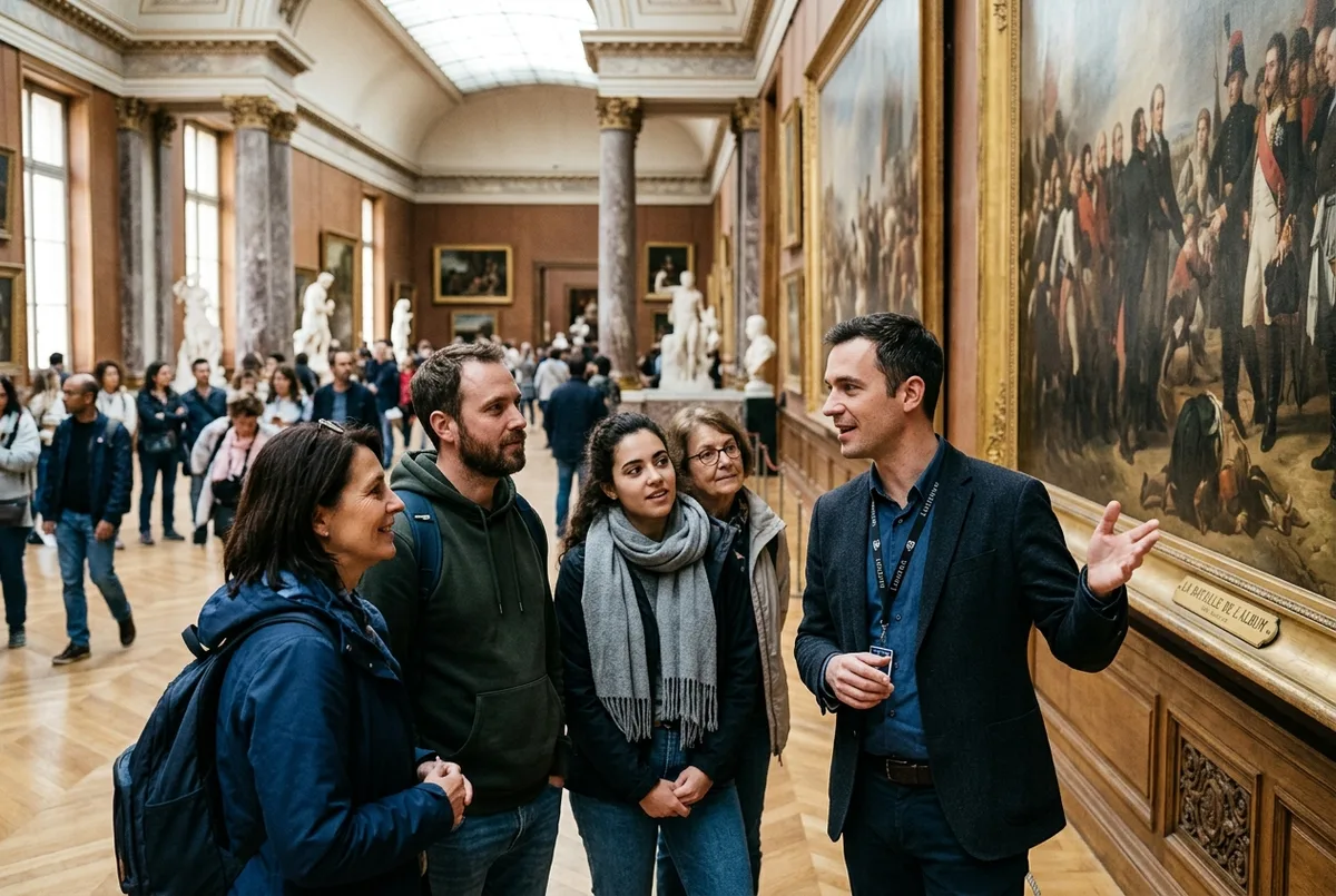 Deutschsprachiger Guide erklärt einer kleinen Reisegruppe ein Gemälde während einer louvre deutsche führung, aufmerksame Gesichter, Galerie im Hintergrund