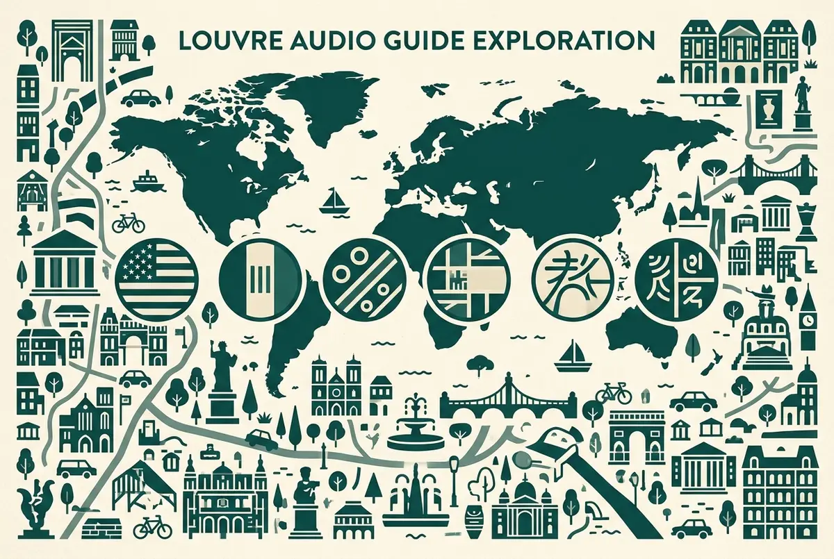 Weltkarte Silhouette mit sechs generischen Sprachflaggen Symbolen für die louvre führung Guide Sprachen nebeneinander angeordnet, flaches Icon Design, keine Zahlen oder Preise sichtbar
