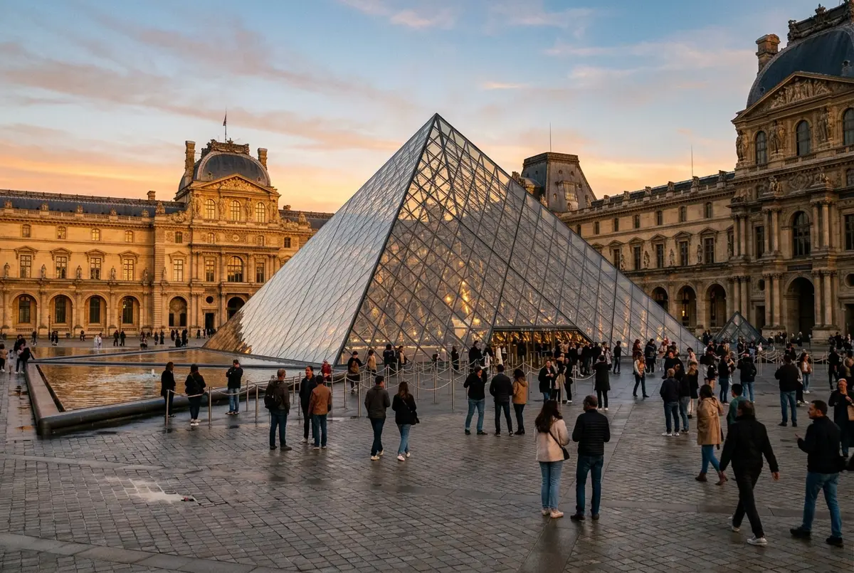 Golden hour photo of the glass pyramid paris at the Louvre's main courtyard, tourists walking past, the pyramid glowing against the museum's classical stone facade