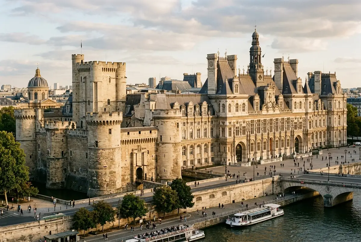 Facaden på en af louvre museums ældste fløje i varmt sen eftermiddagslys, et visuelt indblik i bygningens lange historie fra fæstning til museum