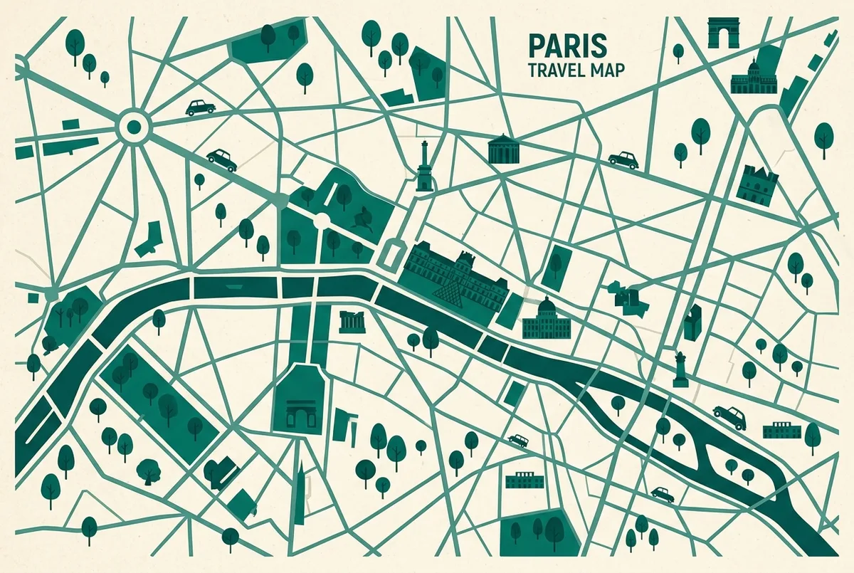 Simple orientation map infographic showing the louvre museum paris france positioned beside the Seine river with the Tuileries Garden and nearby Paris landmarks labeled generically, no addresses or exact distances shown