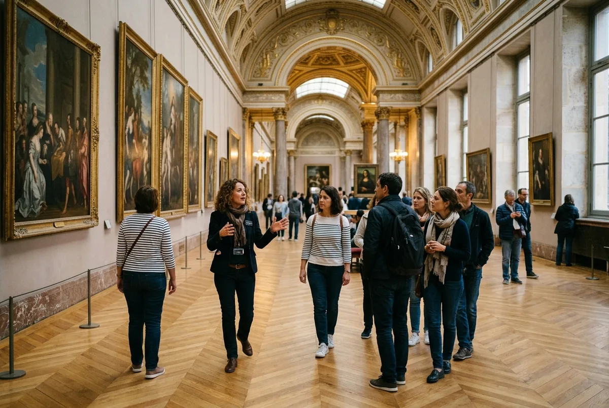 Small tour group with an english-speaking guide walking through a calm, lightly crowded Louvre gallery in early evening light