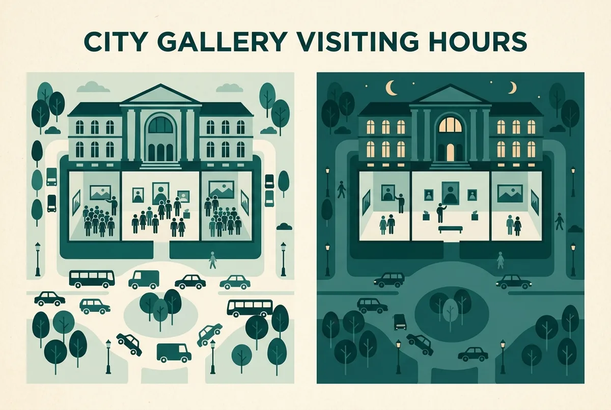 Simple before-and-after infographic comparing a crowded louvre gallery at midday against a calmer gallery scene in the evening, generic icons only, no prices or statistics shown
