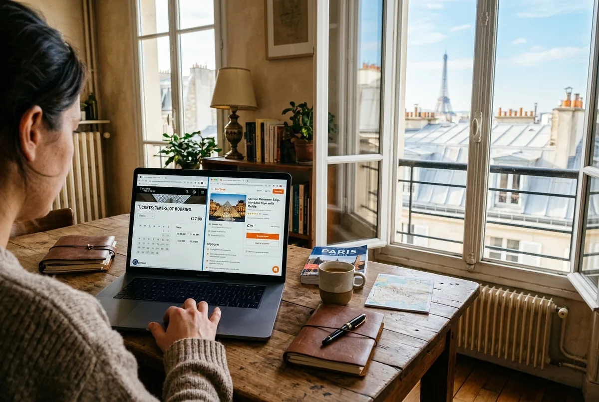 Viaggiatore che confronta la schermata di prenotazione del sito ufficiale del Louvre con un'offerta di un operatore partner su un laptop, appartamento parigino