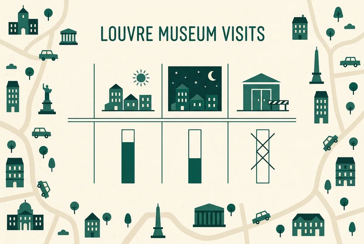 Simple reference table comparing louvre opening hours across a typical week: standard days, one late evening and the weekly closed day, generic labels only, no exact times shown