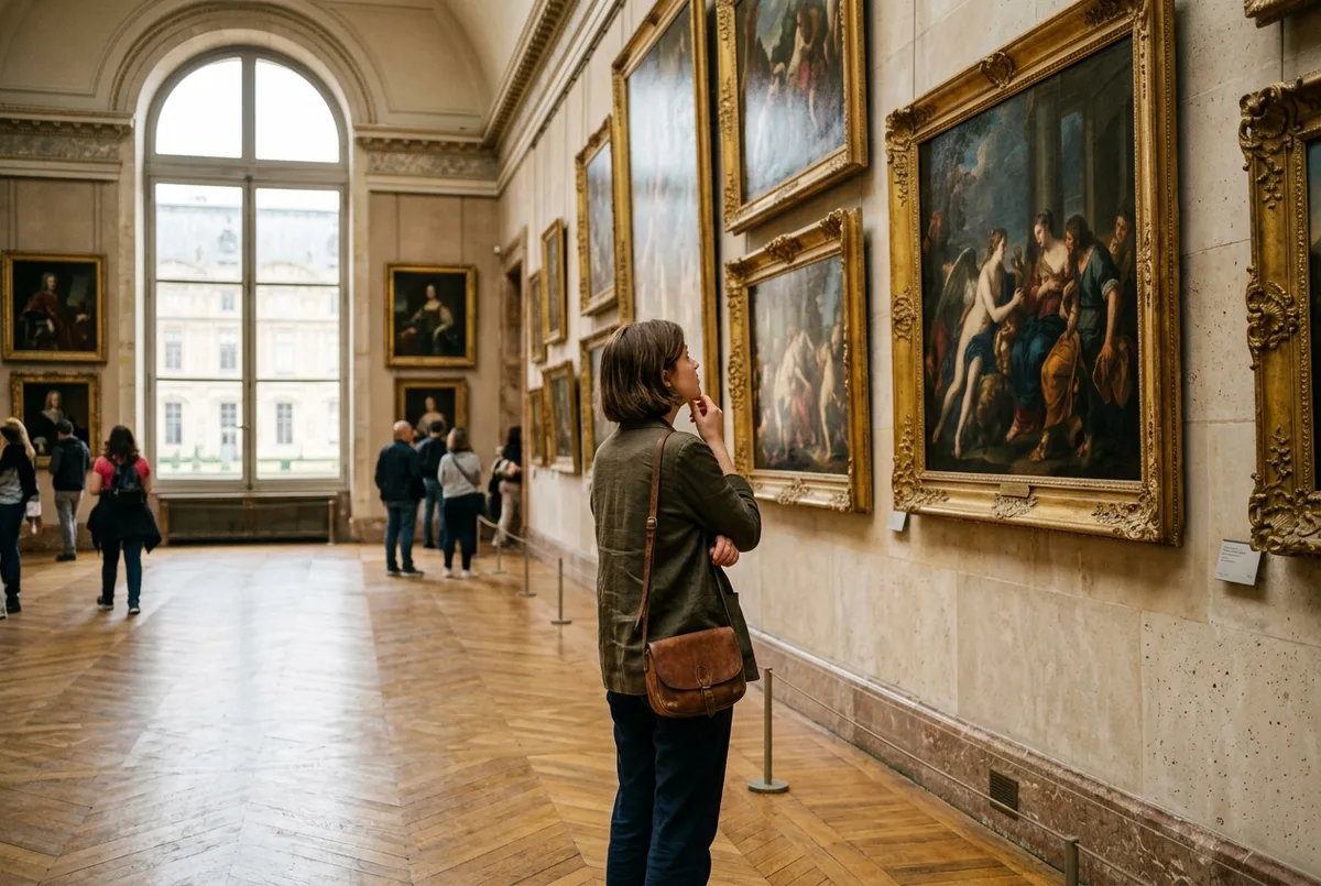 Visitor standing thoughtfully before gilt-framed louvre paris paintings in a grand museum gallery, soft natural light through tall windows, contemplative mood