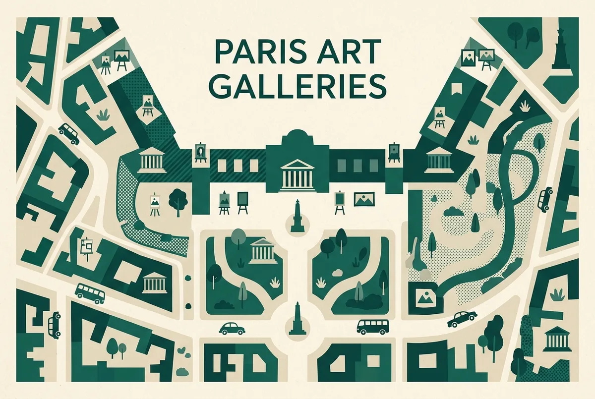 Simple flat-style floor map infographic labeling the Denon, Richelieu and Sully wings of the louvre paris paintings galleries with generic icons for painting rooms, no addresses or measurements shown