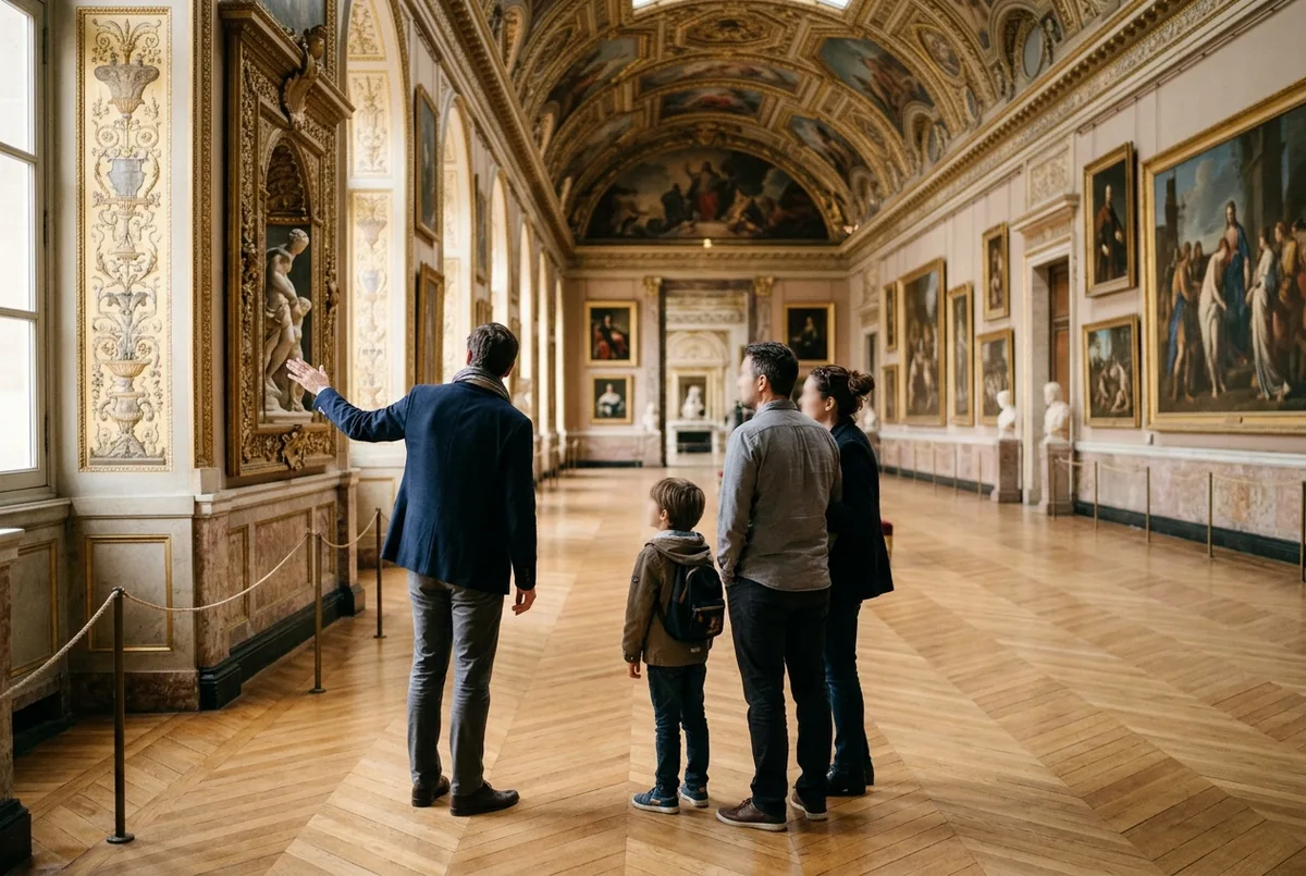 Private tour guide quietly pointing out a detail to a small family group alone in a Louvre gallery, no other visitors nearby, soft afternoon light