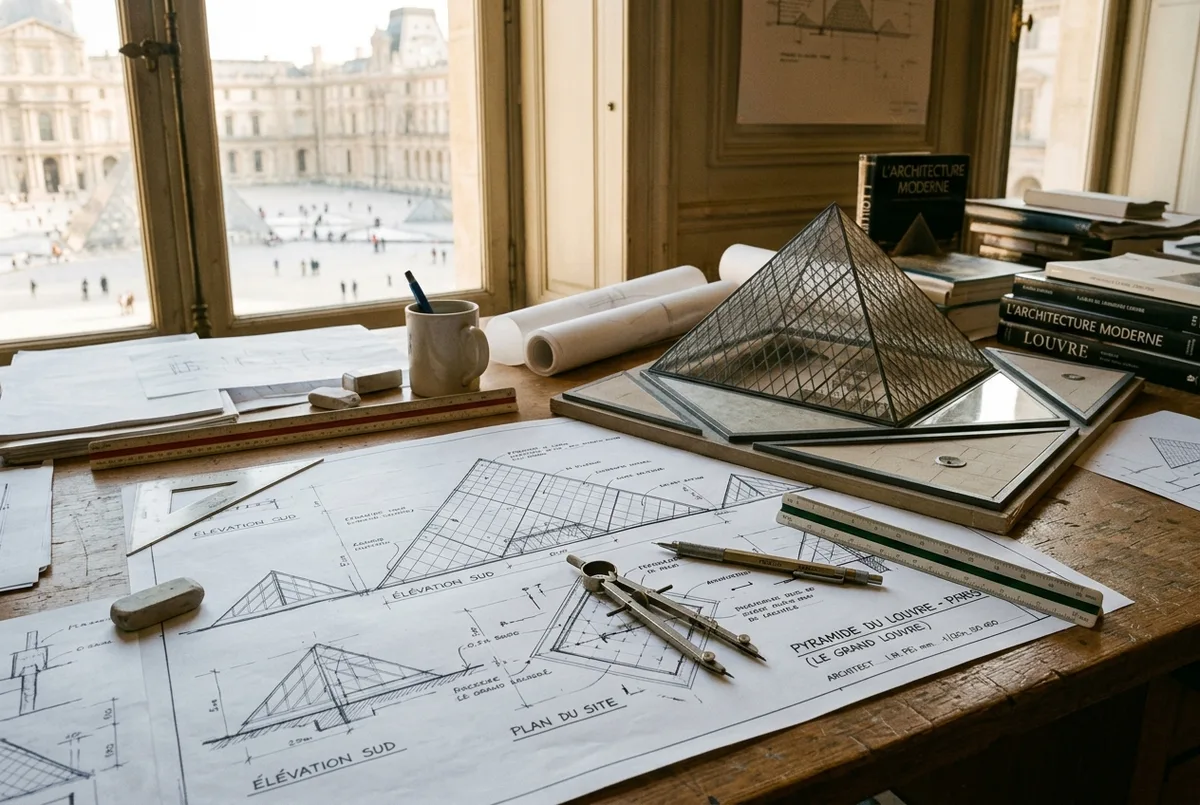 Boceto arquitectonico tipo plano del diseño del arquitecto de la piramide del louvre sobre una mesa de trabajo, herramientas de dibujo y una maqueta a escala de la piramide de cristal, luz calida de estudio