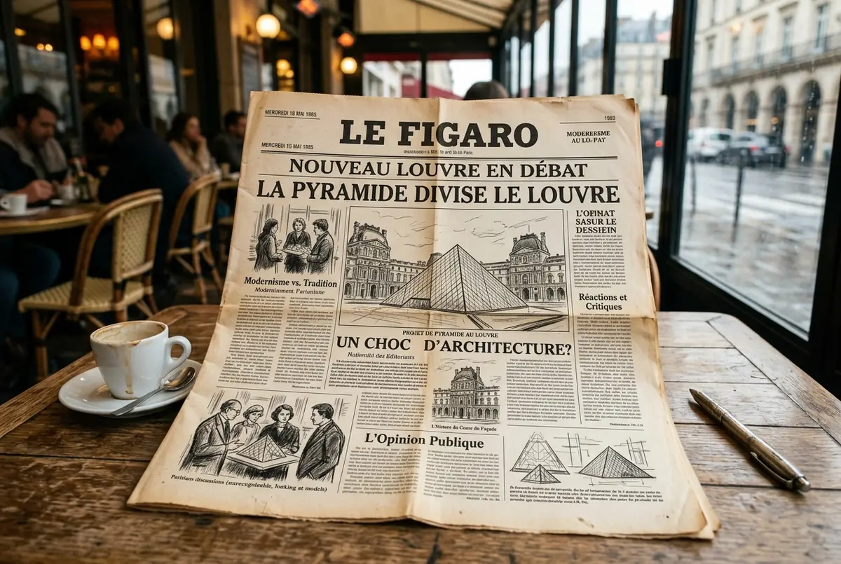 Ilustracion de estilo editorial con titulares de prensa parisinos de los años ochenta y bocetos debatiendo el nuevo diseño del arquitecto de la piramide del louvre, solo texto de maqueta generico, tonos vintage apagados