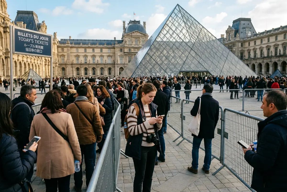 ルーブル美術館 当日券の窓口前でスマートフォンを確認しながら列に並ぶ旅行者、パリの混雑した午前