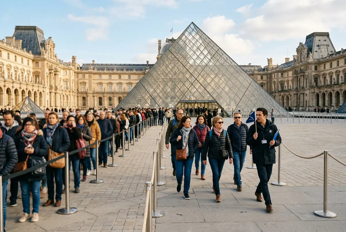 Small tour group moving confidently past a long walk-up queue toward the Louvre Pyramid entrance, priority access, Paris daylight