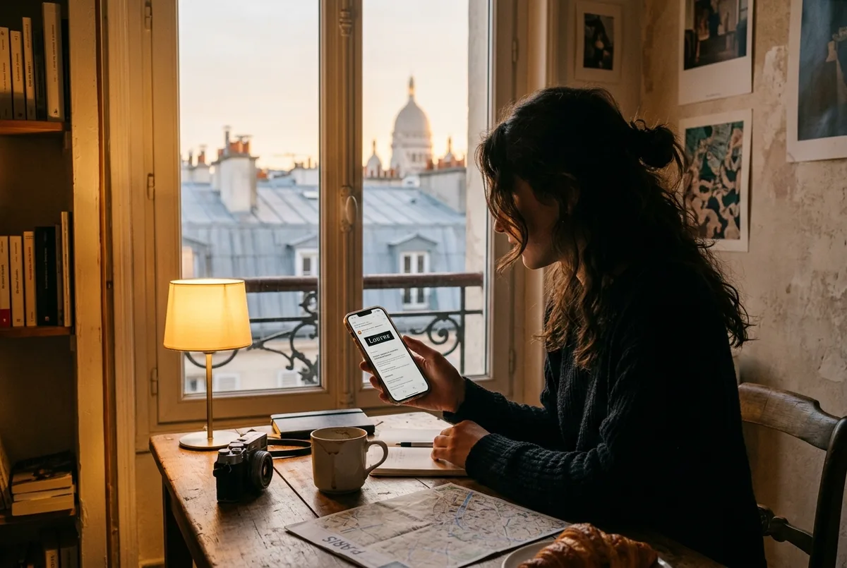 Voyageur consultant la politique de remboursement de son billet Louvre sur son téléphone, billet mobile affiché à l'écran