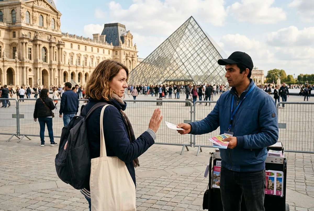 Traveler politely declining a ticket offered by a street vendor near the Louvre Pyramid, Paris, daytime, wary expression