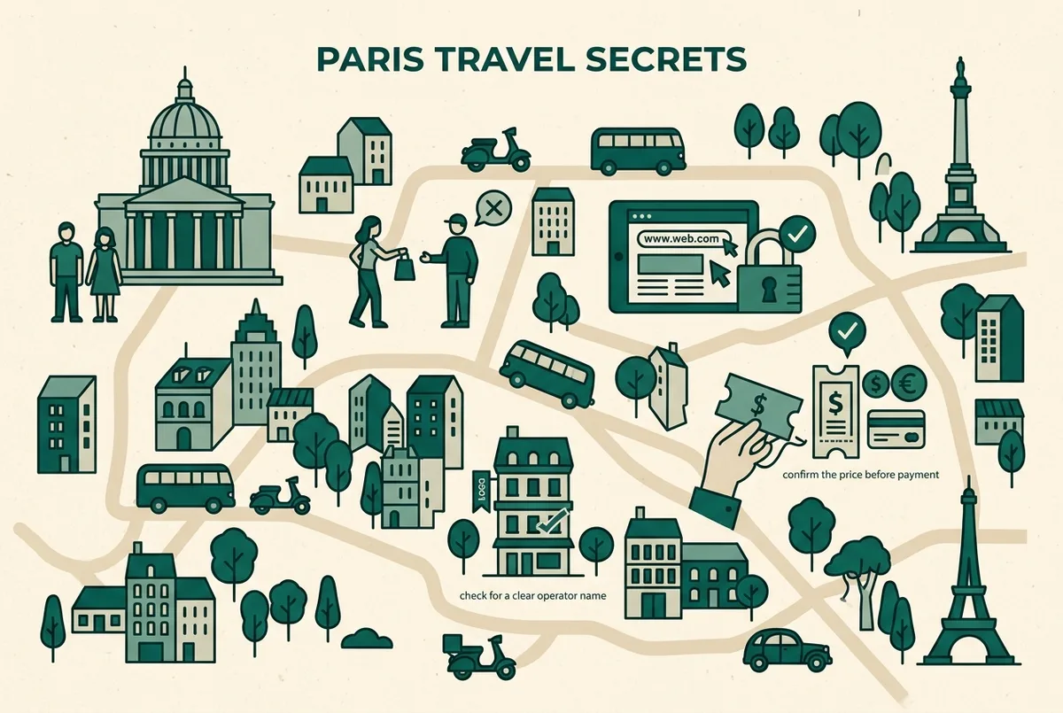 Simple checklist infographic for spotting louvre ticket scams: no street purchases, verify the domain, check for a clear operator name, confirm the price before payment, generic icon style