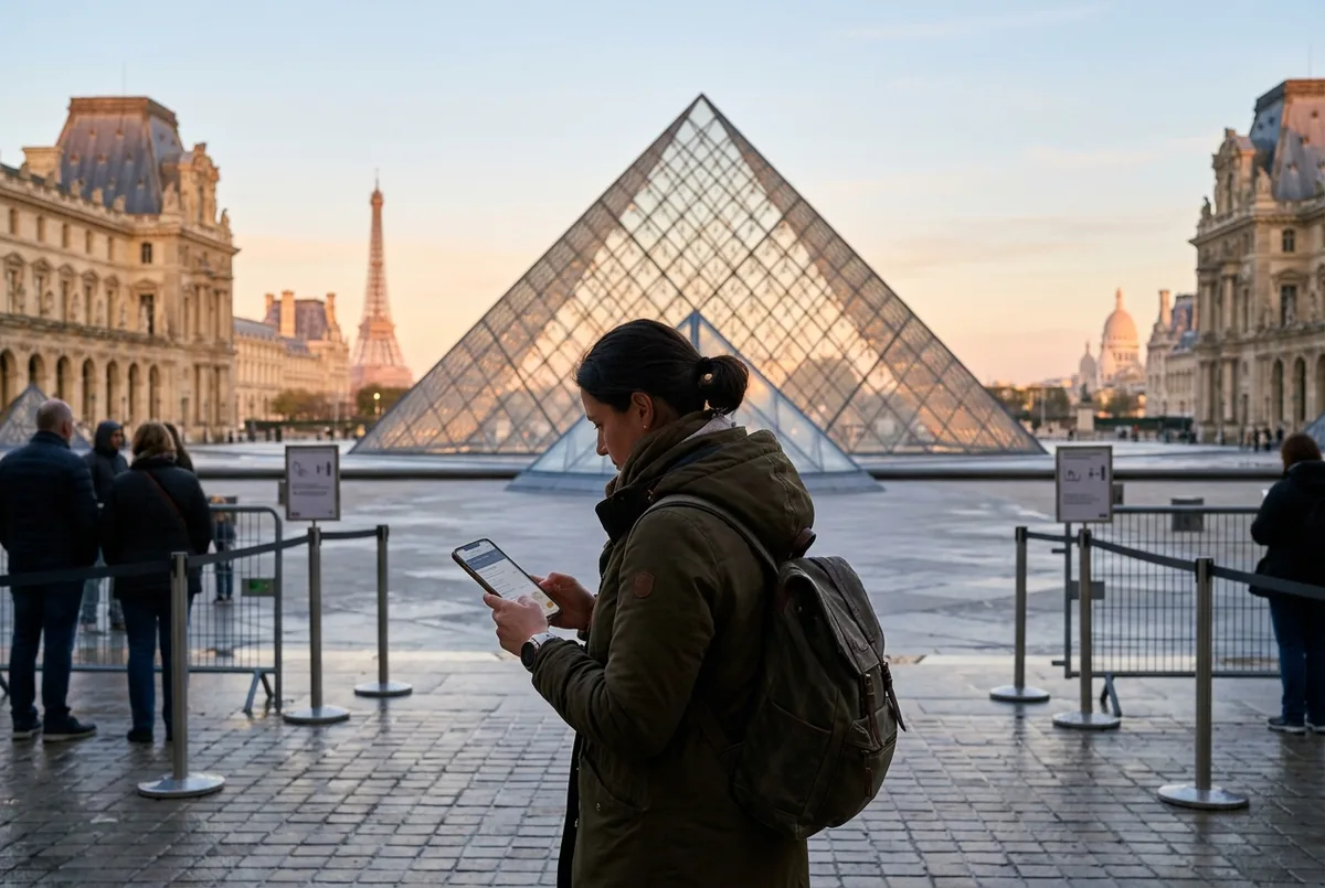 Traveler checking louvre tickets price options on a phone outside the glass Pyramid entrance, Paris skyline in soft early morning light