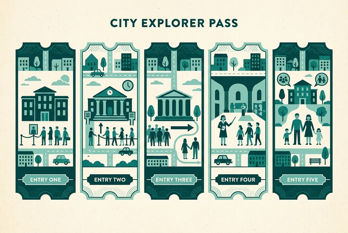 Flat infographic comparing five louvre tickets price tiers side by side: standard entry, reserved entry, skip the line, guided tour and family tour, generic labels only, no prices shown