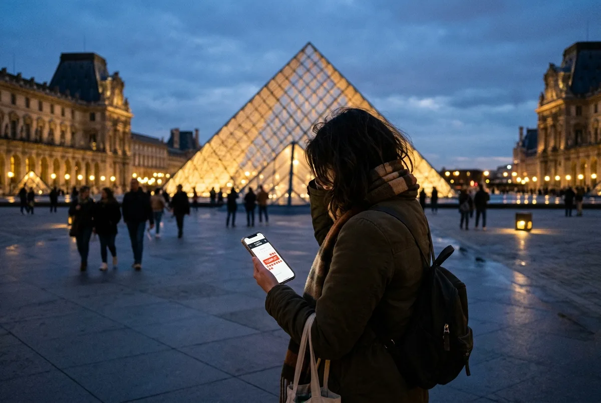 Frustrated traveler looking at a sold out louvre tickets calendar on a phone outside the glass Pyramid at dusk, Paris