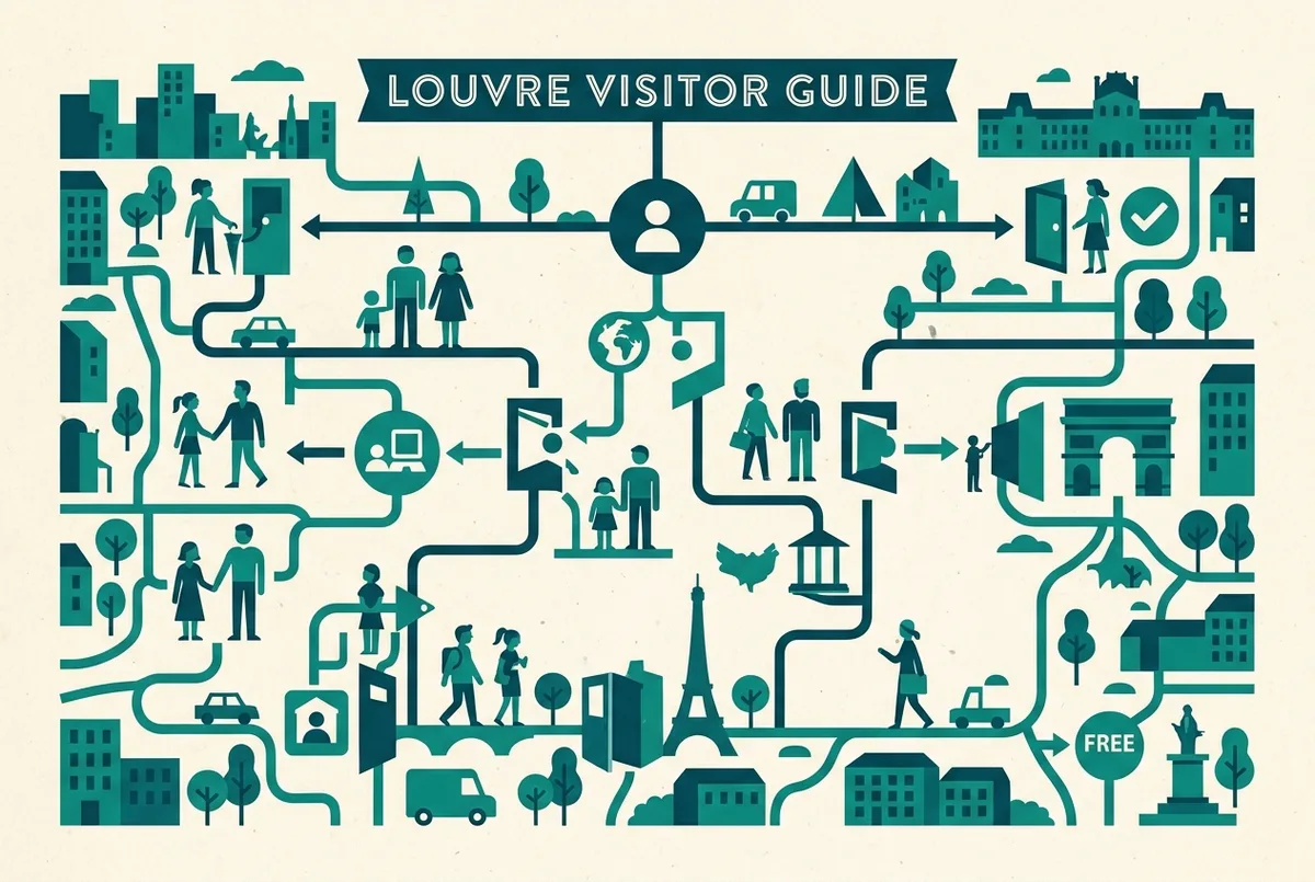 Infografica semplice che illustra le due condizioni per l'ingresso gratuito al Louvre, un'icona età sotto i 18 anni e un'icona residenza UE sotto i 26 anni, stile piatto minimalista, solo etichette generiche