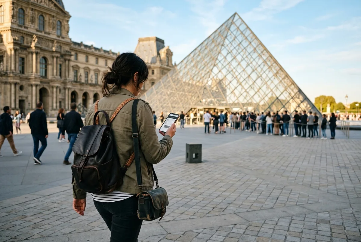 Traveler checking a louvre timed entry tickets confirmation on a phone while walking toward the glass Pyramid entrance, Paris morning light