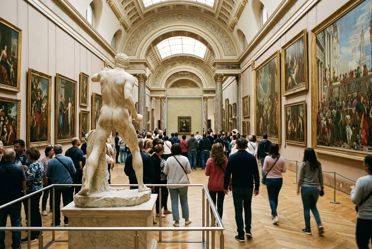 Wide museum gallery scene capturing a mix of top things to see at the louvre, classical sculpture in the foreground, framed paintings along the walls, soft daylight