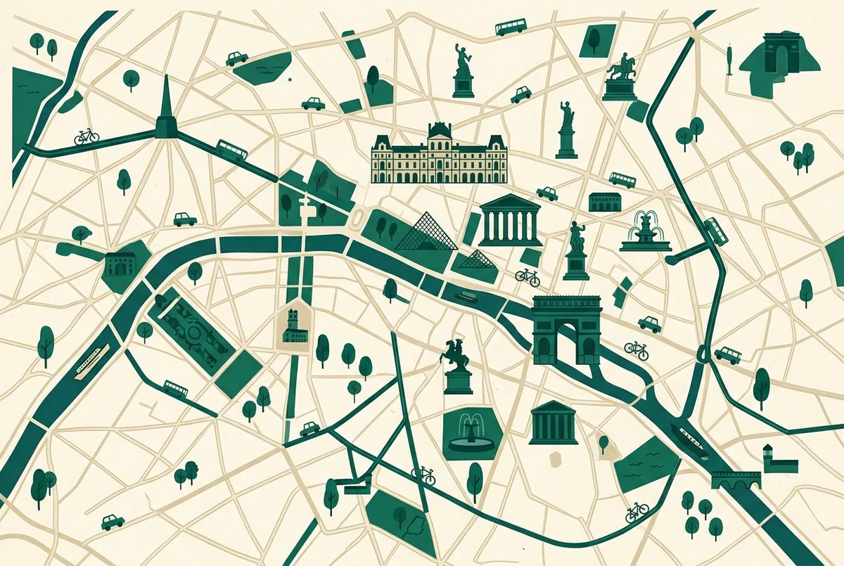 illustrated map of Paris highlights for Top 10 Things to See at the Louvre, top ten things to see at the louvre