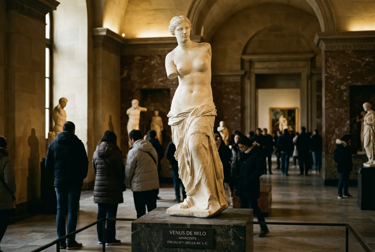 Vista dramática de uma galeria do Museu do Louvre com uma estátua clássica de mármore sem braços, a vénus de milo no louvre, sobre um pedestal, luz direcional suave, visitantes a observar respeitosamente ao fundo