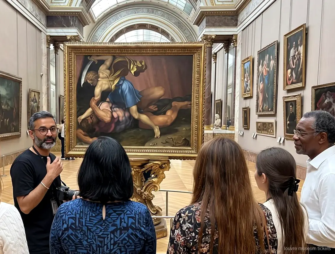 Pequeno grupo a ouvir diante de uma grande pintura de moldura dourada numa galeria, bilhetes Museu do Louvre