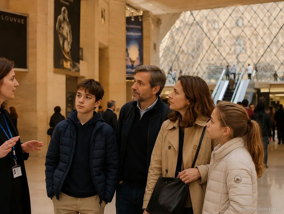 Guide spricht mit einer Familie mit zwei Teenagern unter der Glaspyramide, Start der Tour mit Louvre Tickets