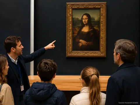 Gids wijst een gezin met kinderen op de Mona Lisa tijdens een privébezoek met Louvre museum tickets