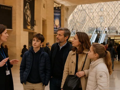 Guide taler med en familie med to teenagere under glaspyramiden i Louvre, start på turen med Louvre billetter